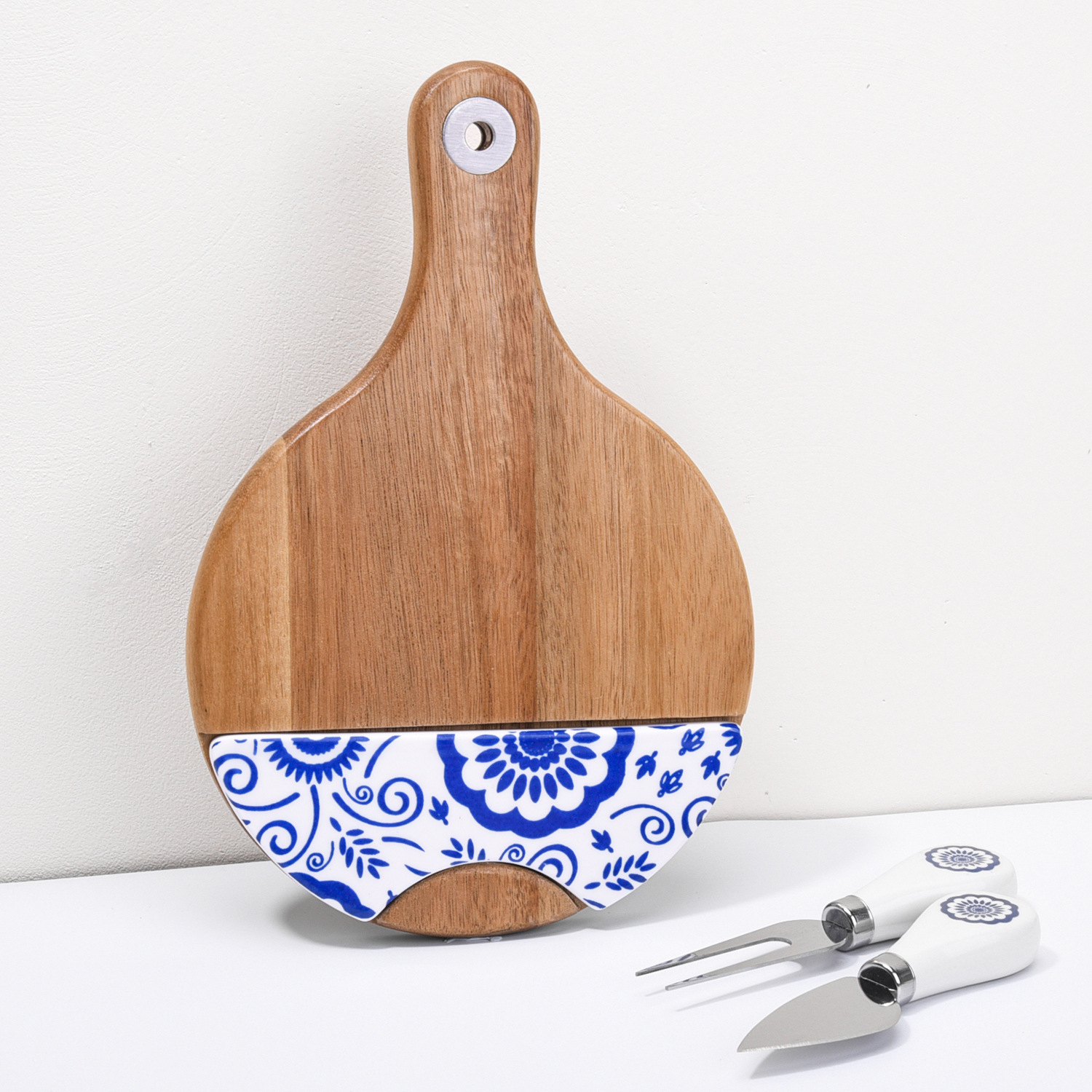 Wood and Ceramic Cheese Board Gift Set – 23.5×15.5cm Serving Board with Cutlery
